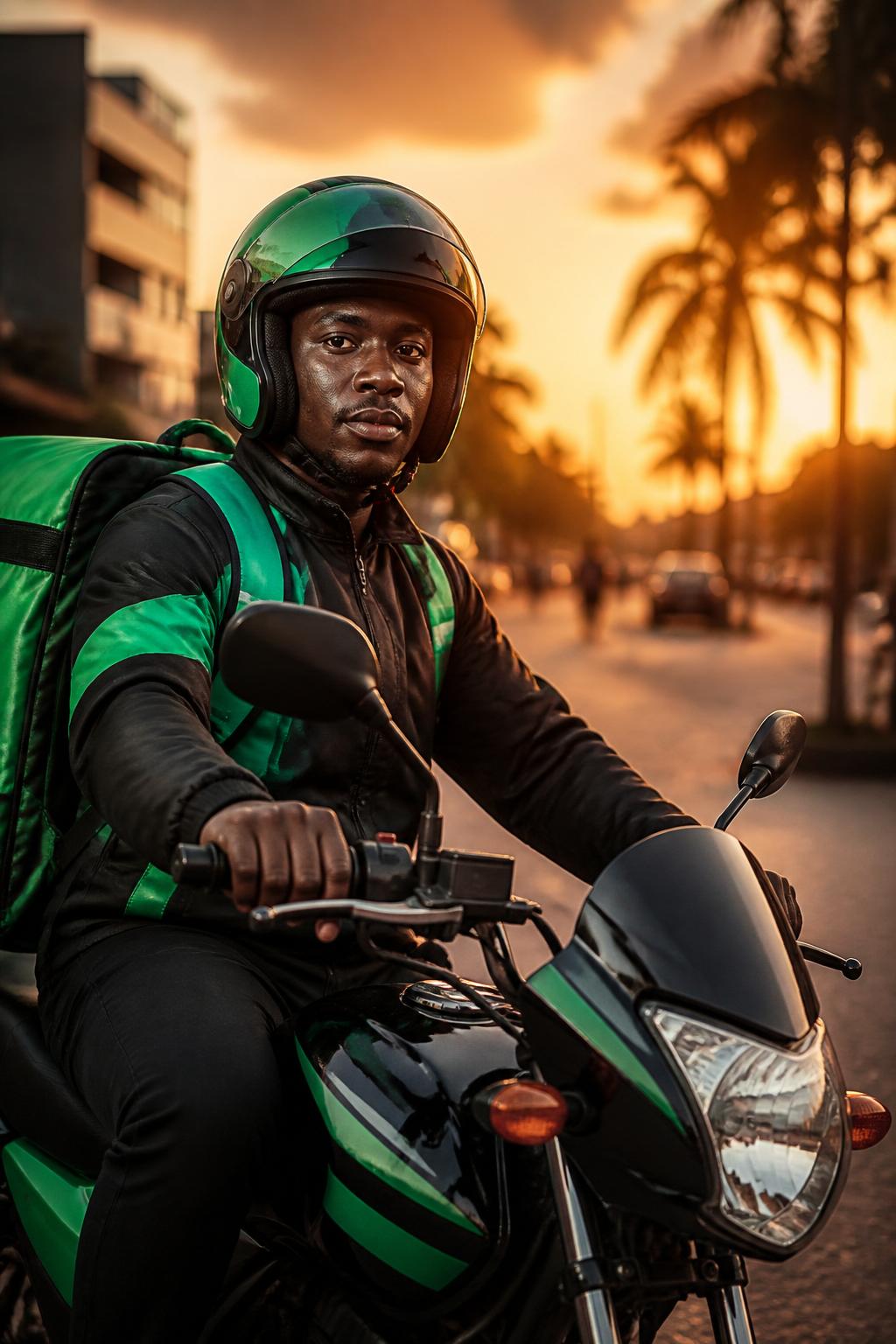 Mototaxista KwikTete em Tete ao pôr do sol